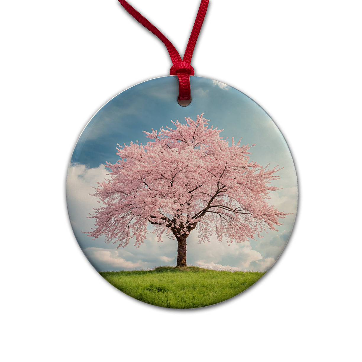 Sakura Cherry Blossom Tree Japan Beautiful Flowers Round Ceramic Holiday Christmas Tree Ornament