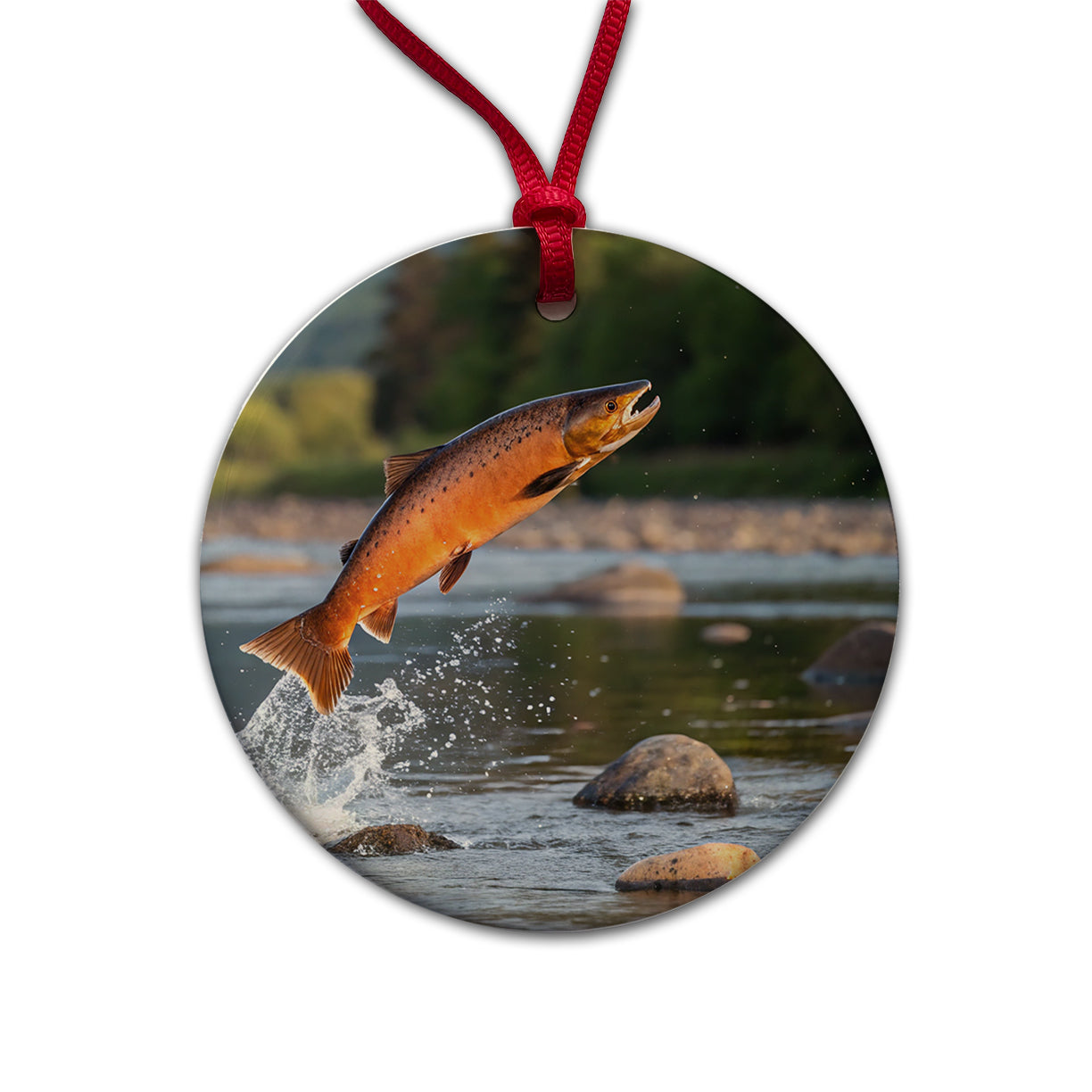 Salmon Fish Jumping River Fishing Round Ceramic Holiday Christmas Tree Ornament