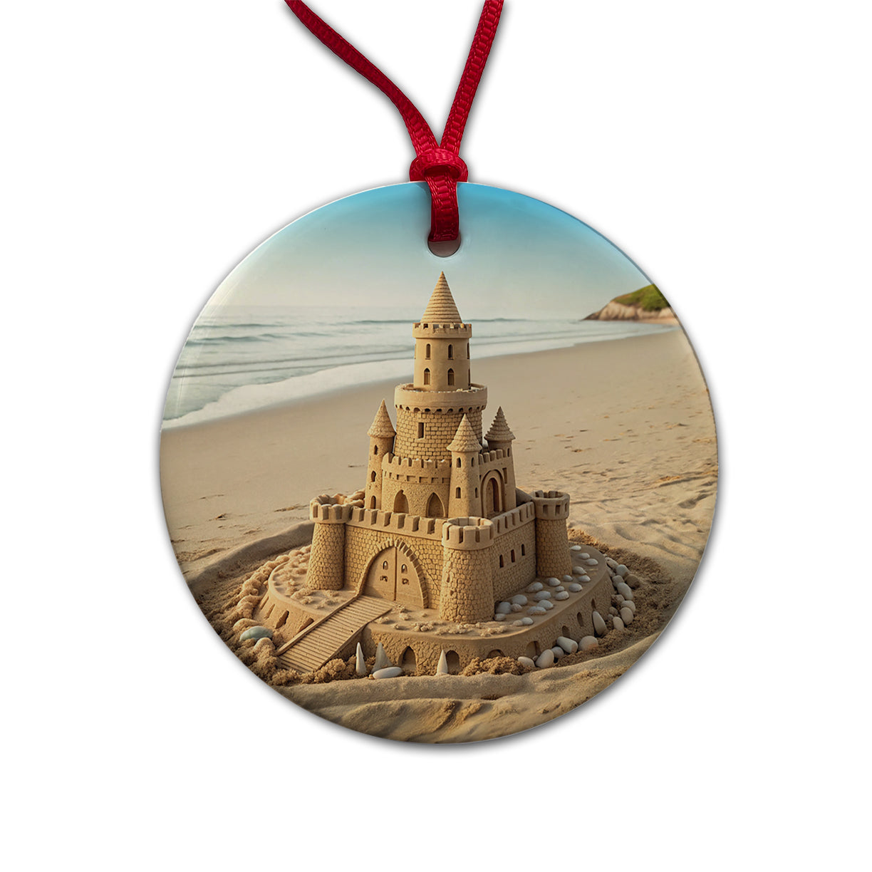 Sandcastle On Beach Cute Round Ceramic Holiday Christmas Tree Ornament