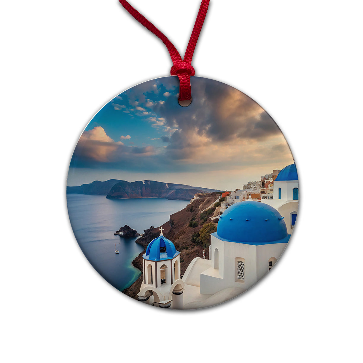 Santorini Greece Travel Beautiful Round Ceramic Holiday Christmas Tree Ornament