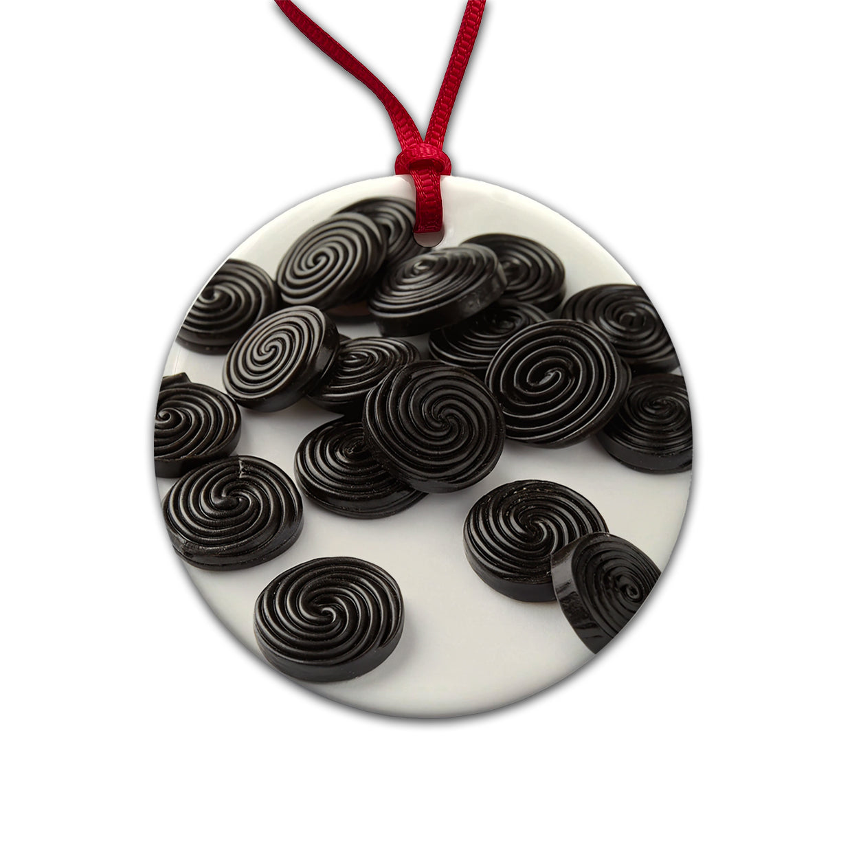 Scattered Black Licorice Round Ceramic Holiday Christmas Tree Ornament