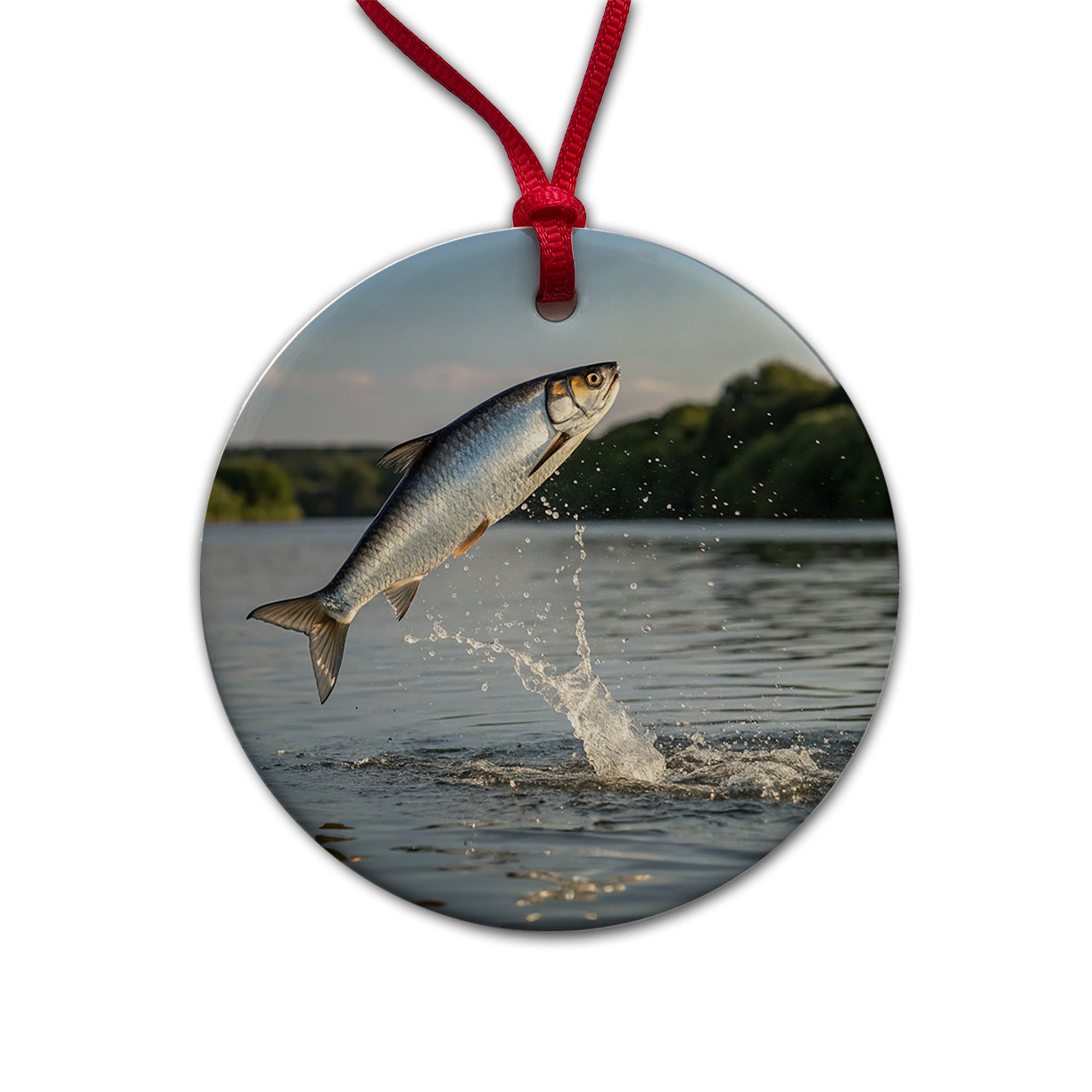 Shad Fish Jumping Fishing Round Ceramic Holiday Christmas Tree Ornament