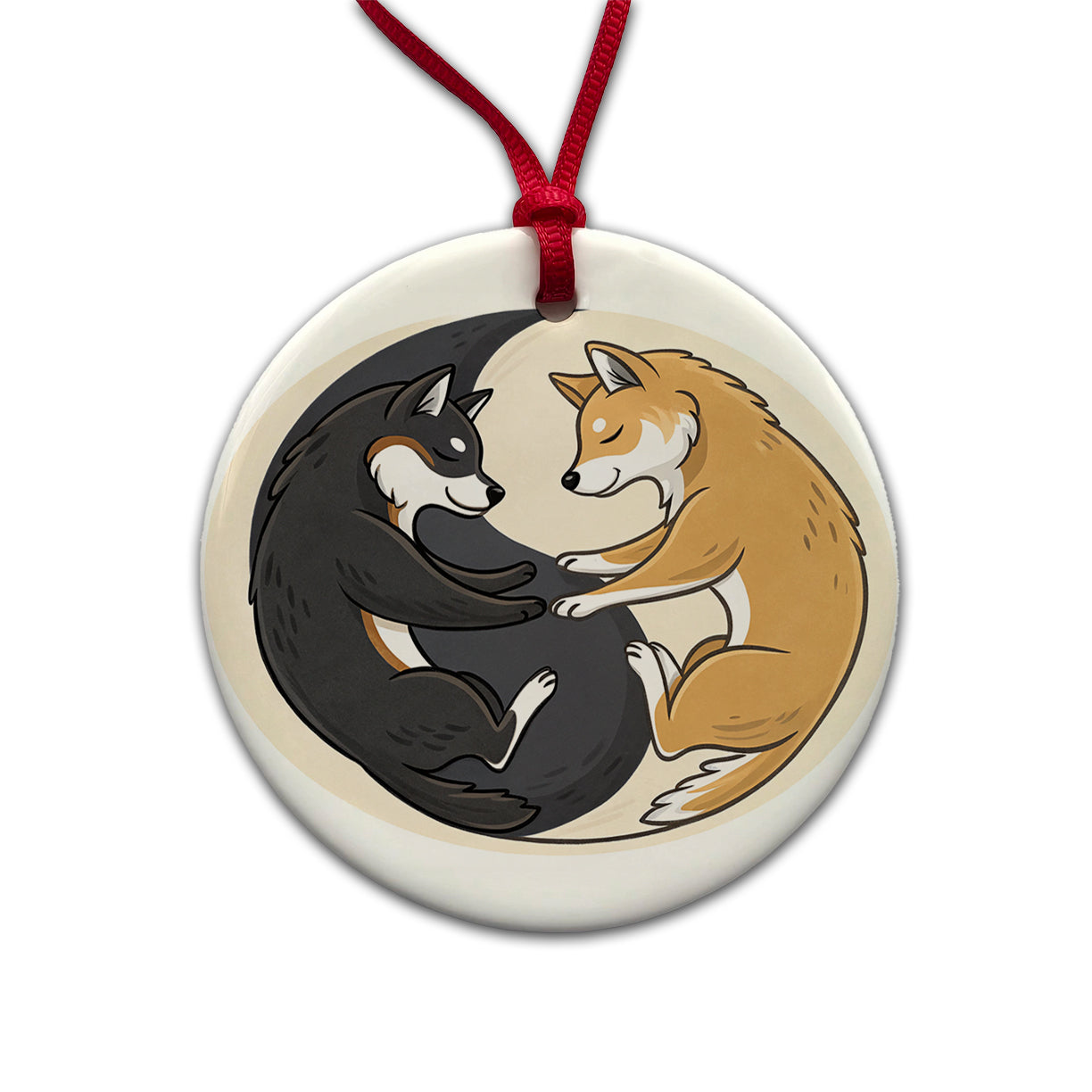 Shiba Inus Yin Yang Dogs Round Ceramic Holiday Christmas Tree Ornament