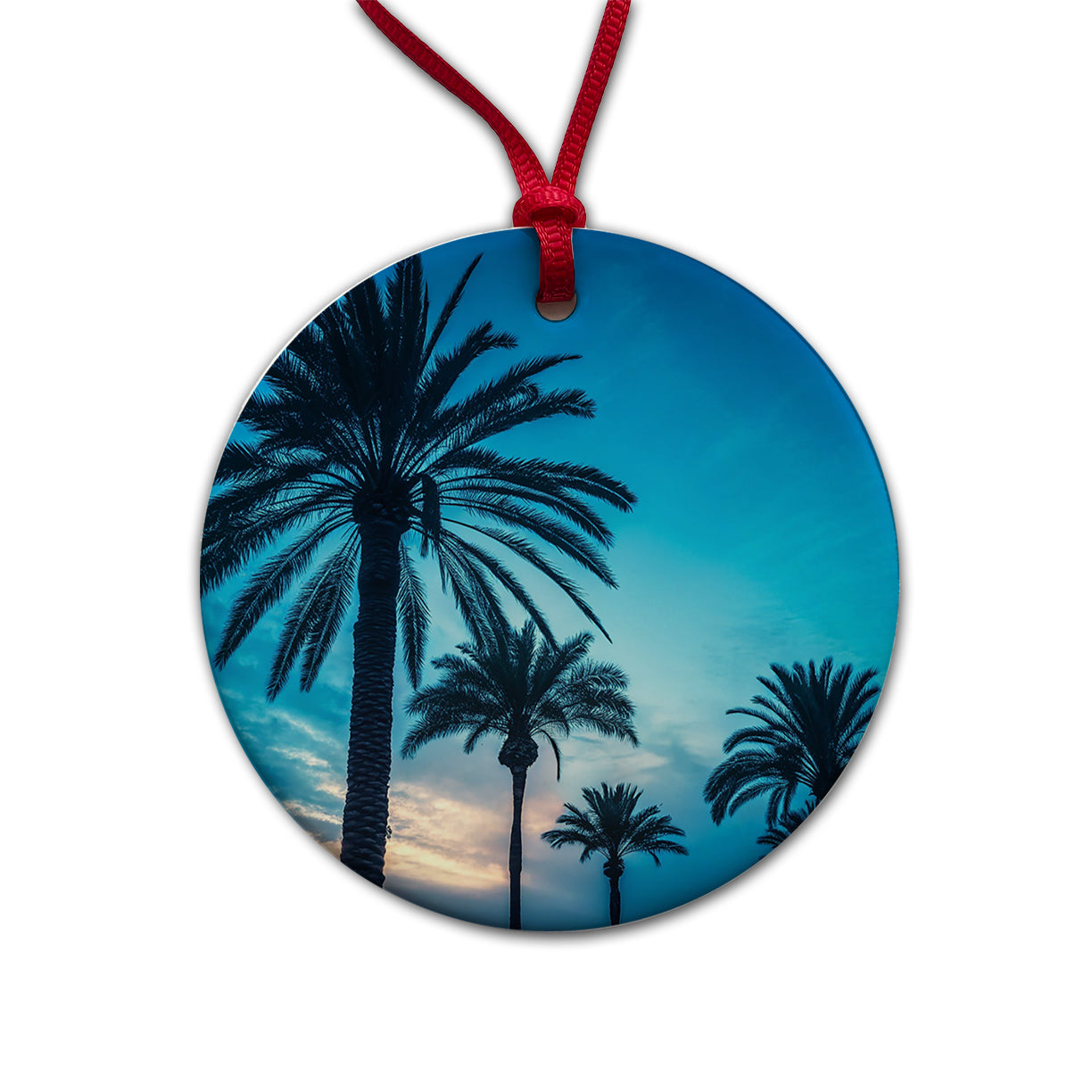 Silhouetted Palm Trees Blue Sky Round Ceramic Holiday Christmas Tree Ornament