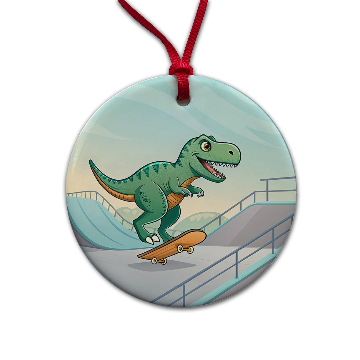 Skateboarding Tyrannosaurus Rex Dinosaur Cute Round Ceramic Holiday Christmas Tree Ornament