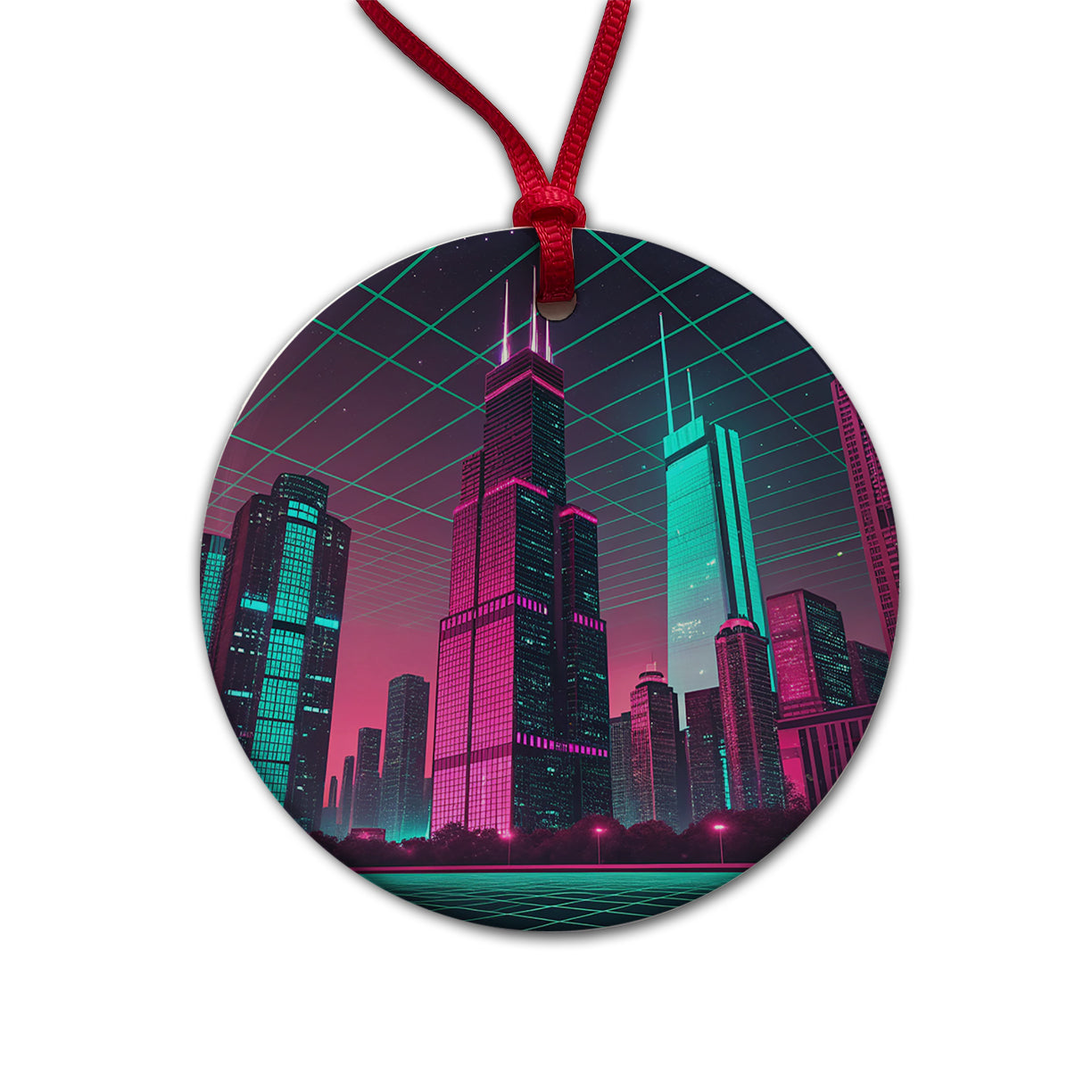 Skyscrapers Buildings Lit Pink Teal Round Ceramic Holiday Christmas Tree Ornament