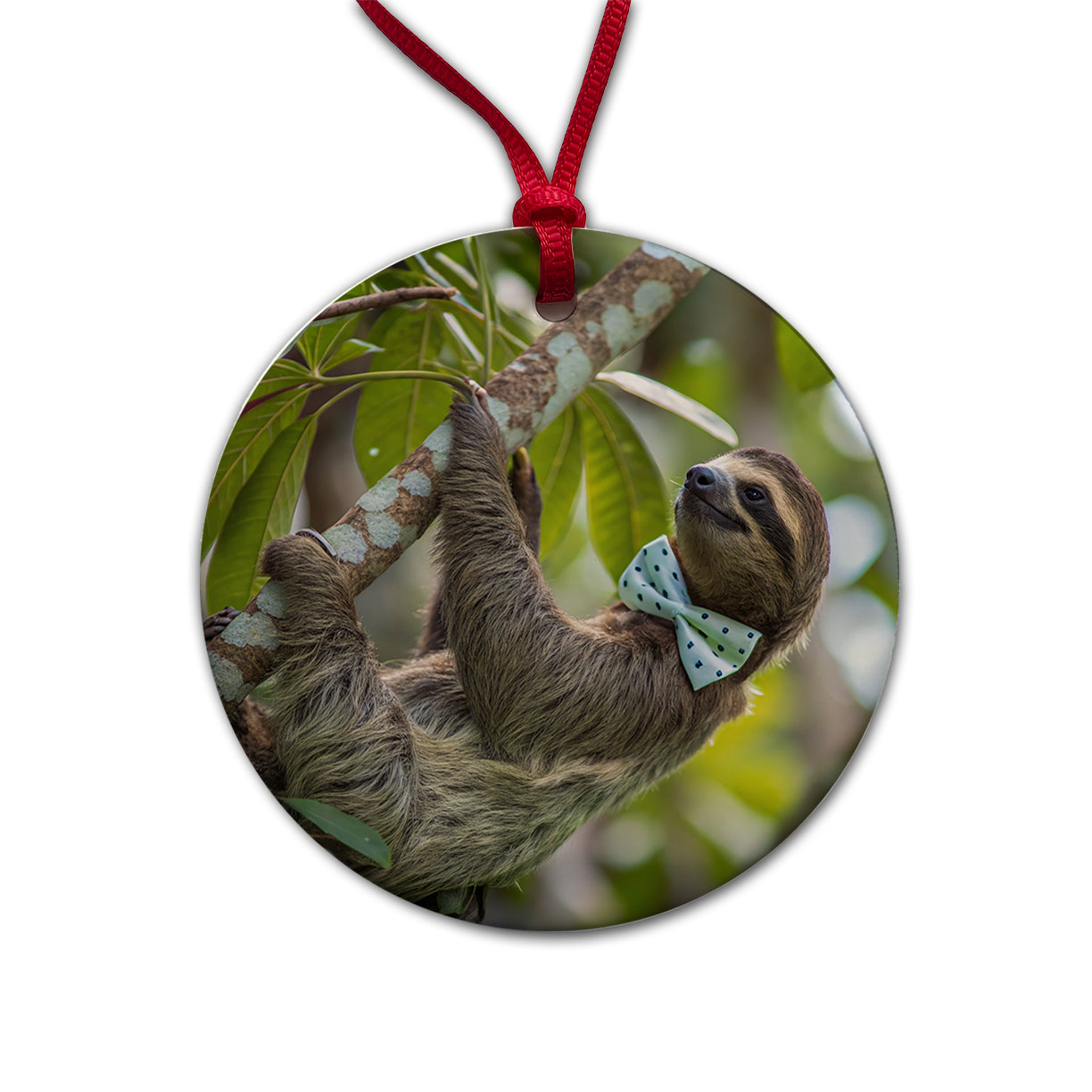 Sloth Wearing Bow Tie Funny Round Ceramic Holiday Christmas Tree Ornament