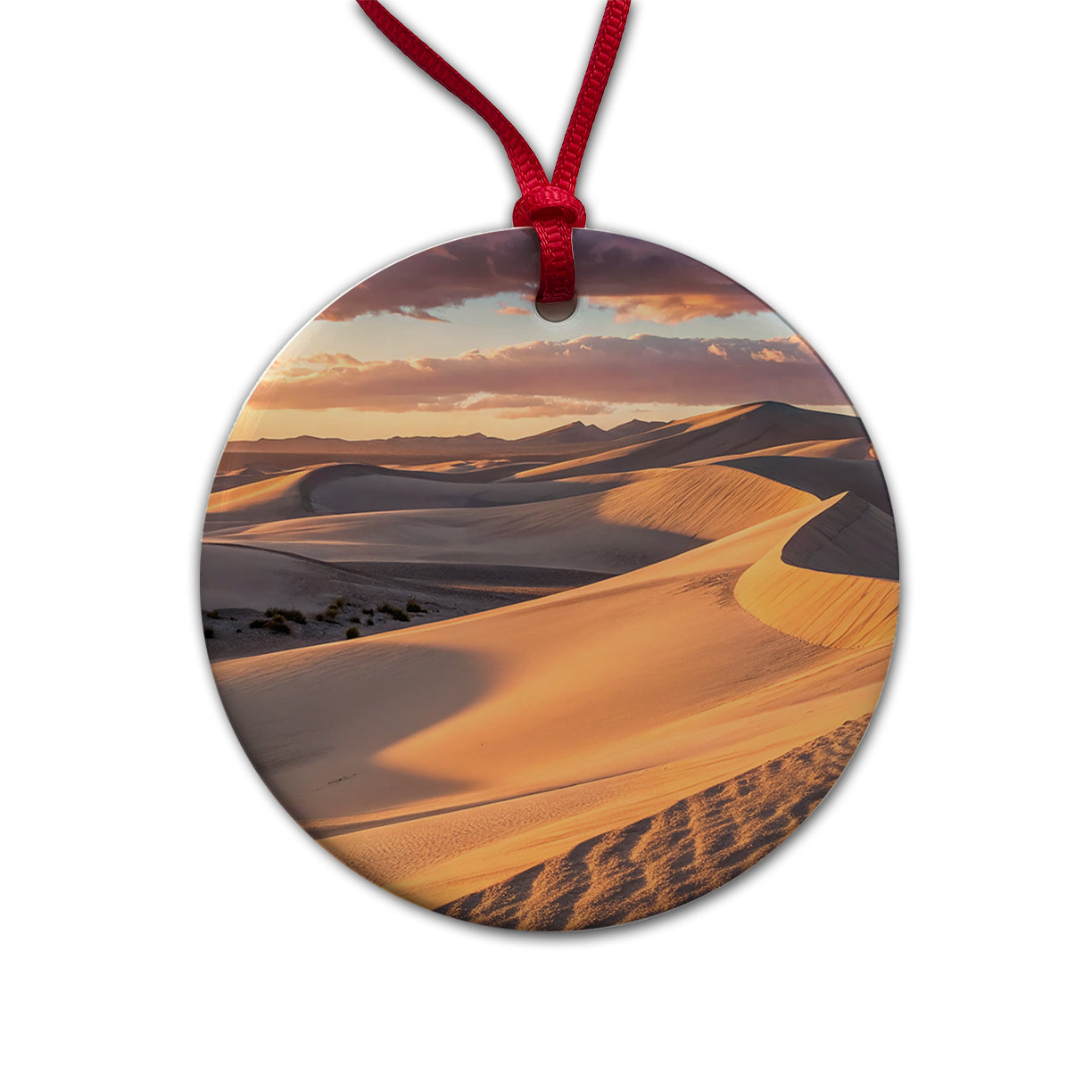 Soft Rolling Sand Dunes At Golden Hour Desert Round Ceramic Holiday Christmas Tree Ornament
