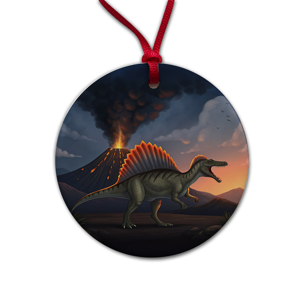 Spinosaurus Volcano Lava Dinosaur Round Ceramic Holiday Christmas Tree Ornament