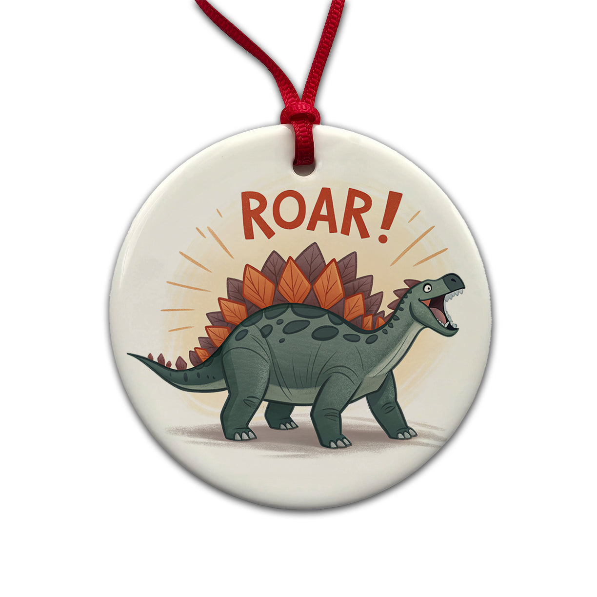Stegosaurus Roar Text Dinosaur Fun Round Ceramic Holiday Christmas Tree Ornament