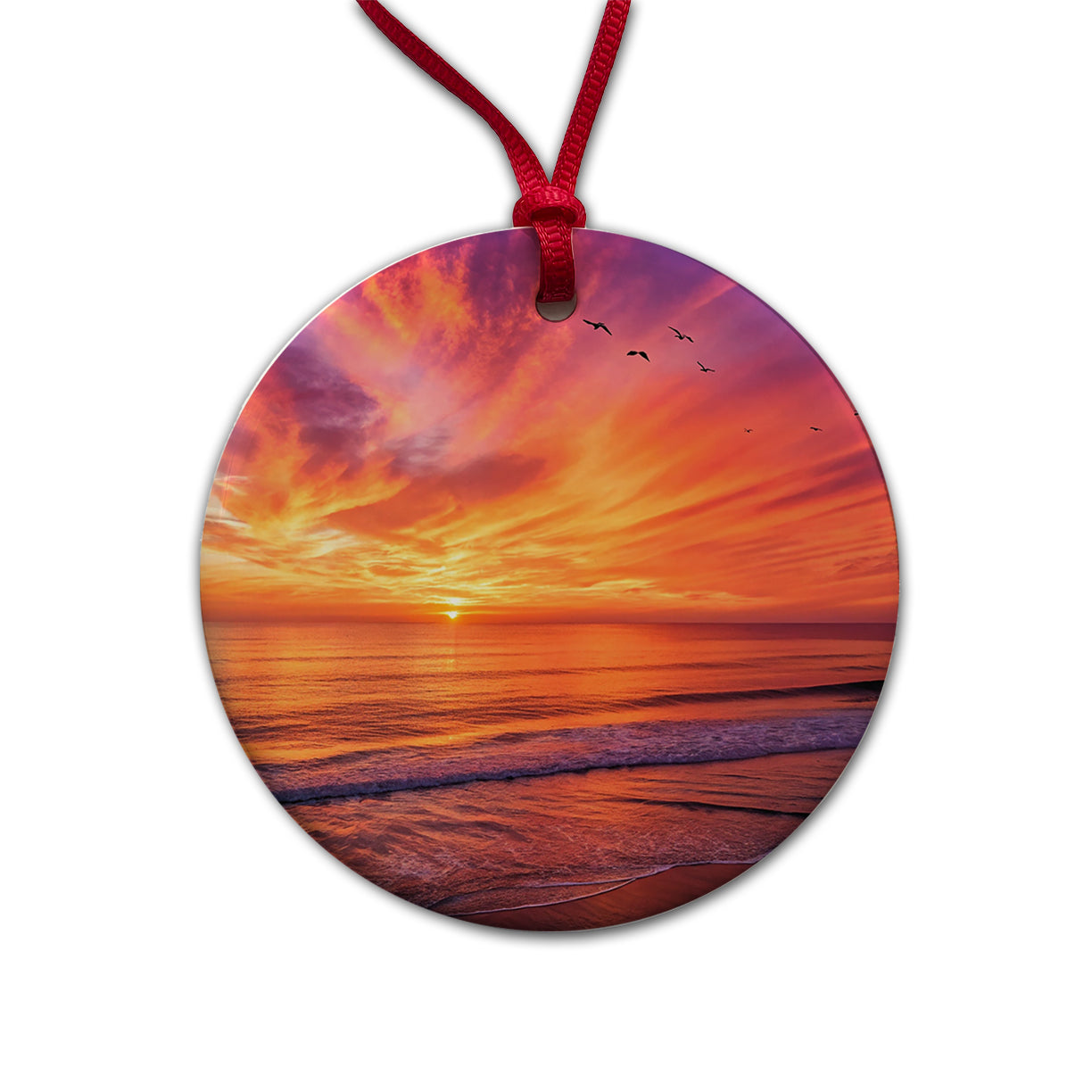 Sunrise Sunset Over The Ocean Beach Round Ceramic Holiday Christmas Tree Ornament