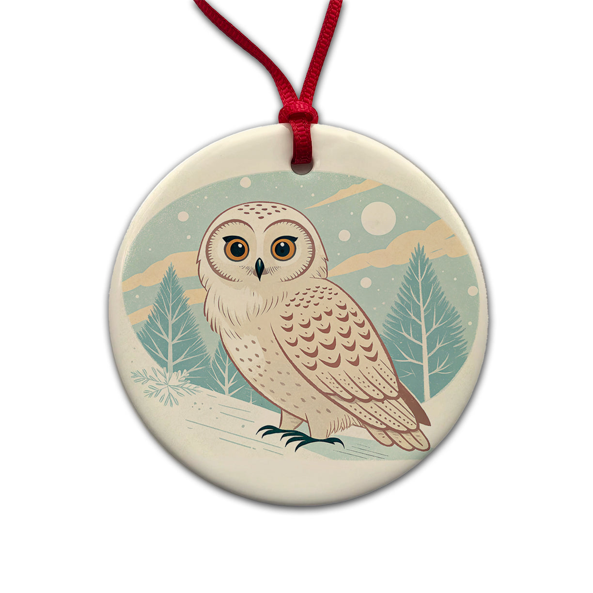 Sweet Snowy Owl Winter Round Ceramic Holiday Christmas Tree Ornament