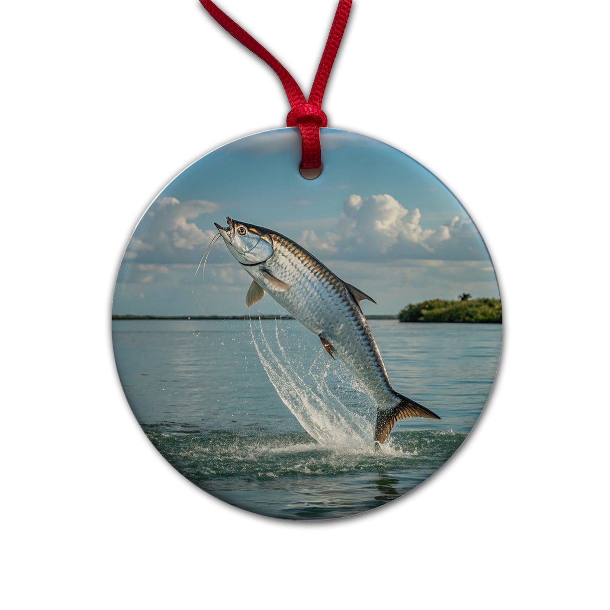 Tarpon Fish Jumping Fishing Round Ceramic Holiday Christmas Tree Ornament