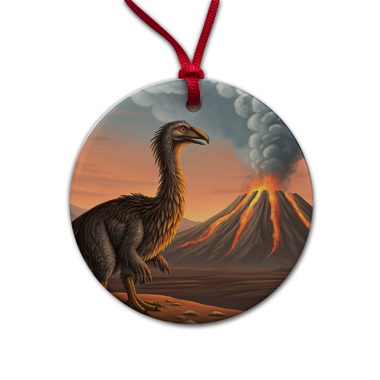 Therizinosaurus Volcano Erupting Dinosaur Round Ceramic Holiday Christmas Tree Ornament