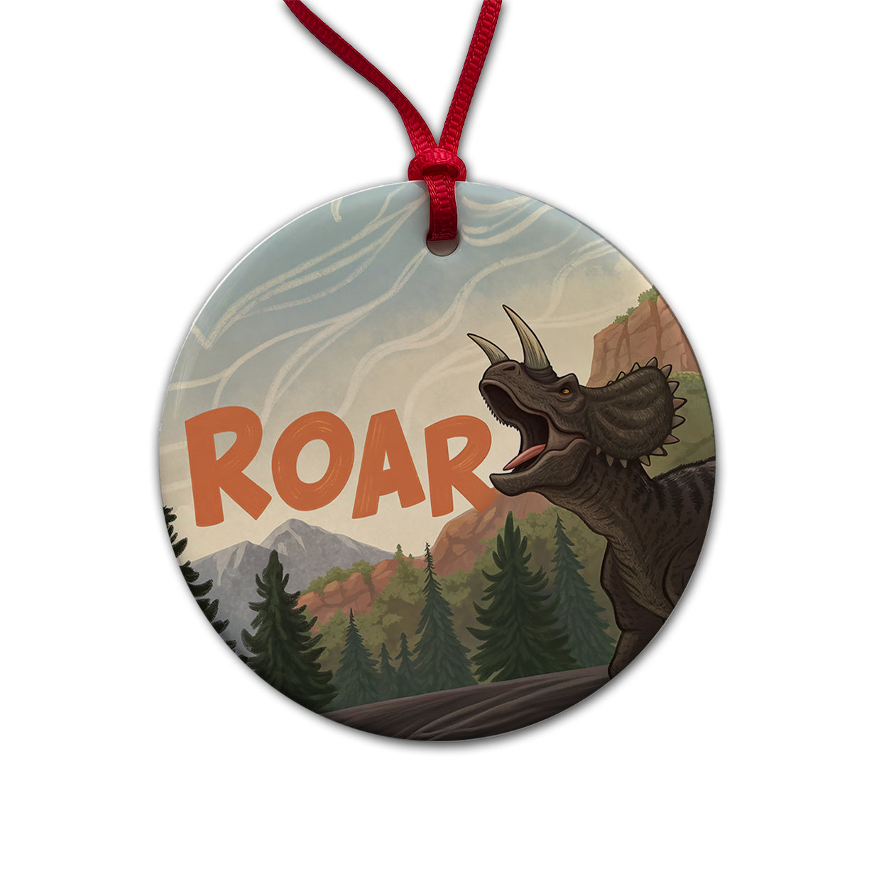 Triceratops Roar Bold Dinosaur Round Ceramic Holiday Christmas Tree Ornament