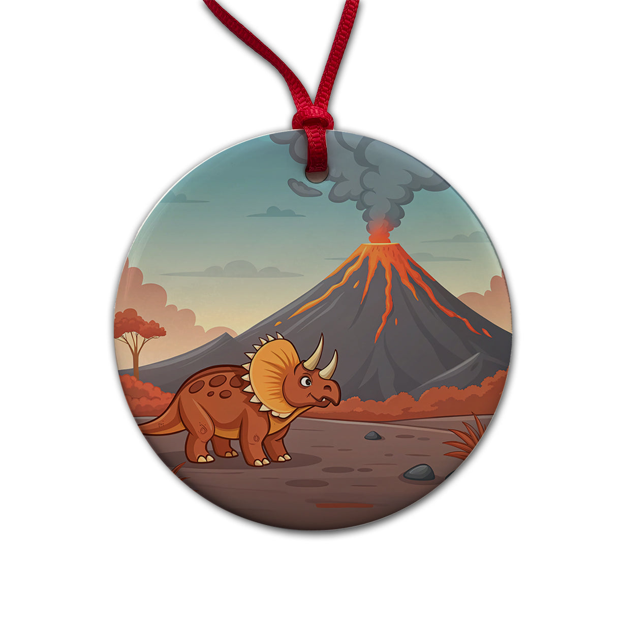 Triceratops Volcano Dinosaur Round Ceramic Holiday Christmas Tree Ornament