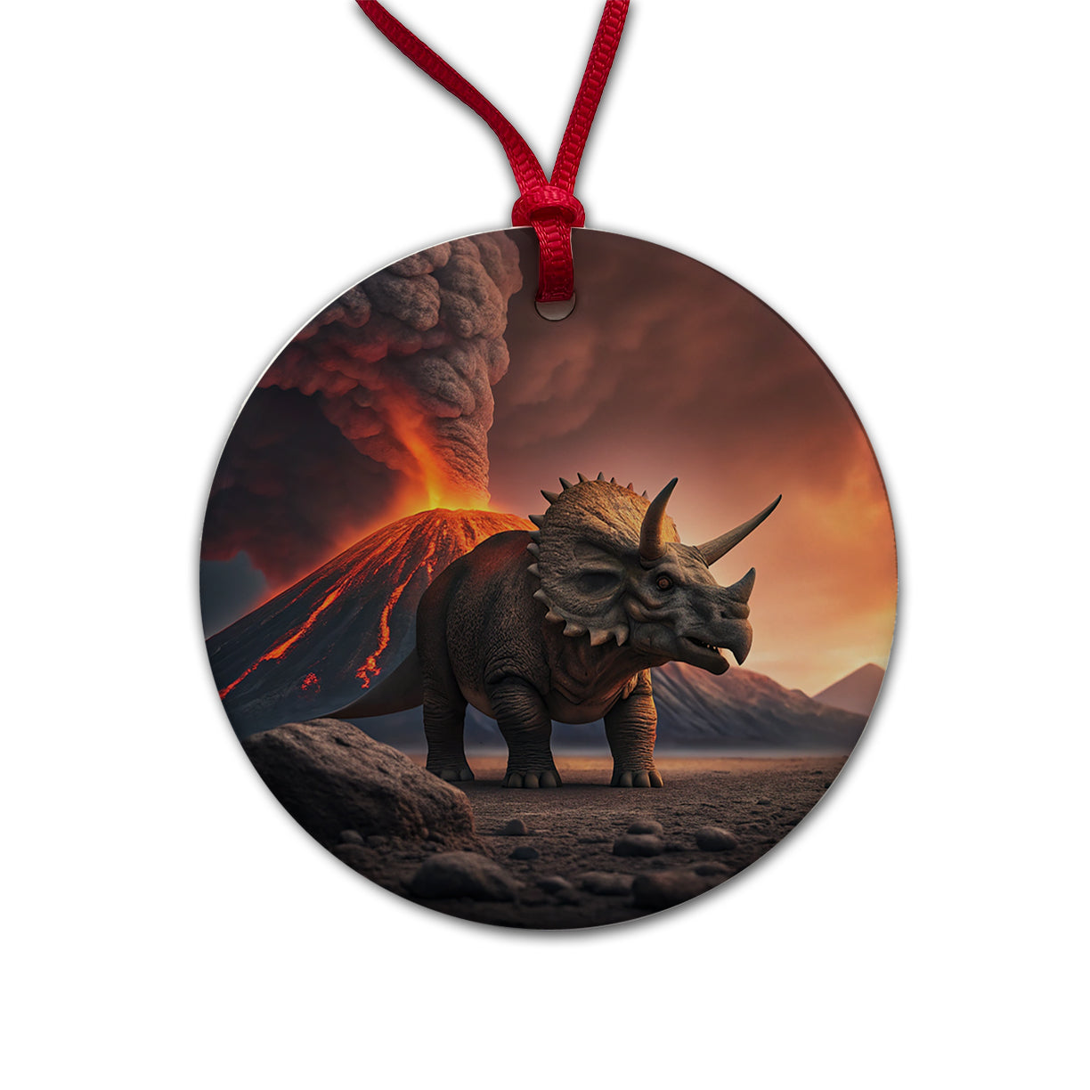 Triceratops Volcano Erupting Dinosaur Round Ceramic Holiday Christmas Tree Ornament
