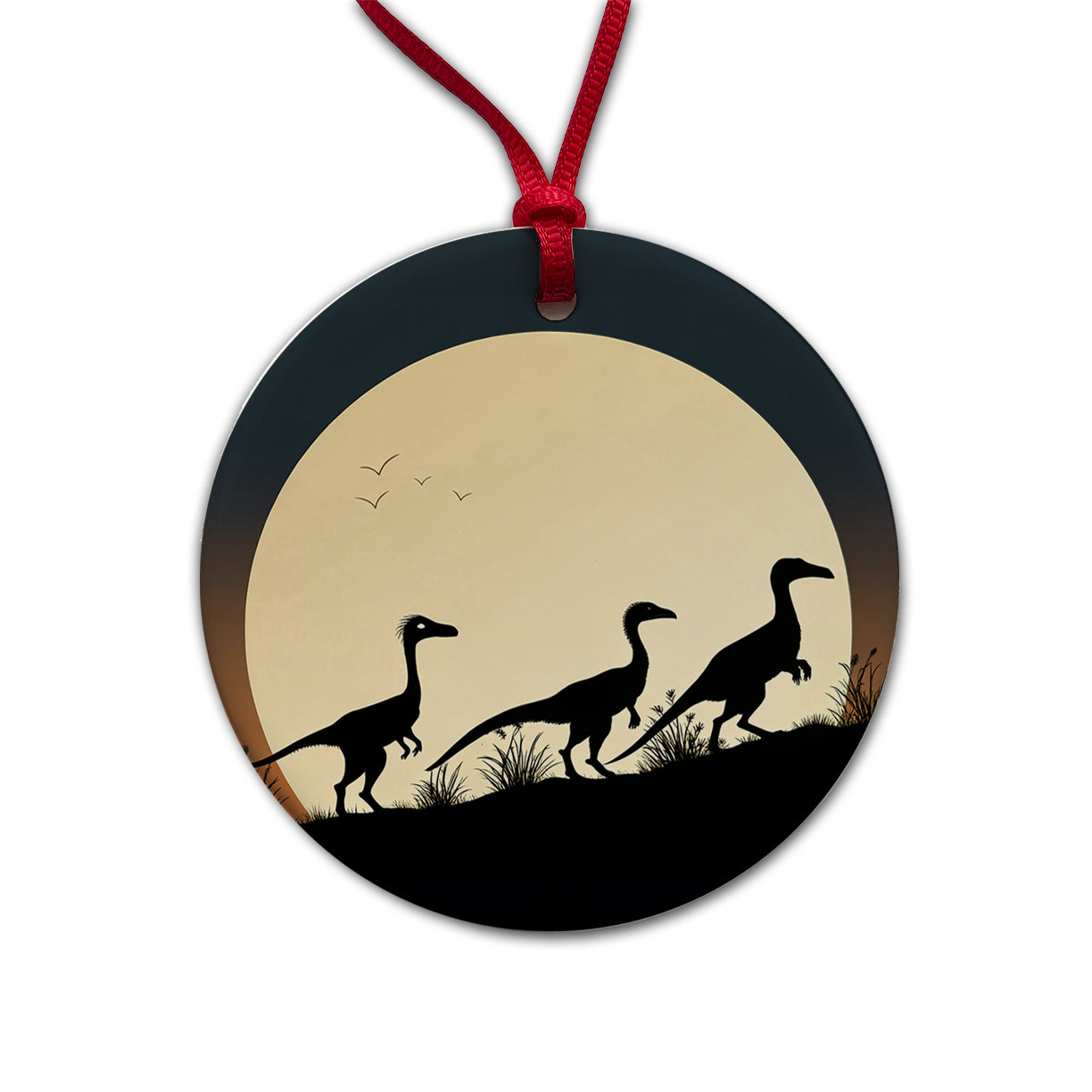 Troodon Silhouettes Dinosaurs Round Ceramic Holiday Christmas Tree Ornament
