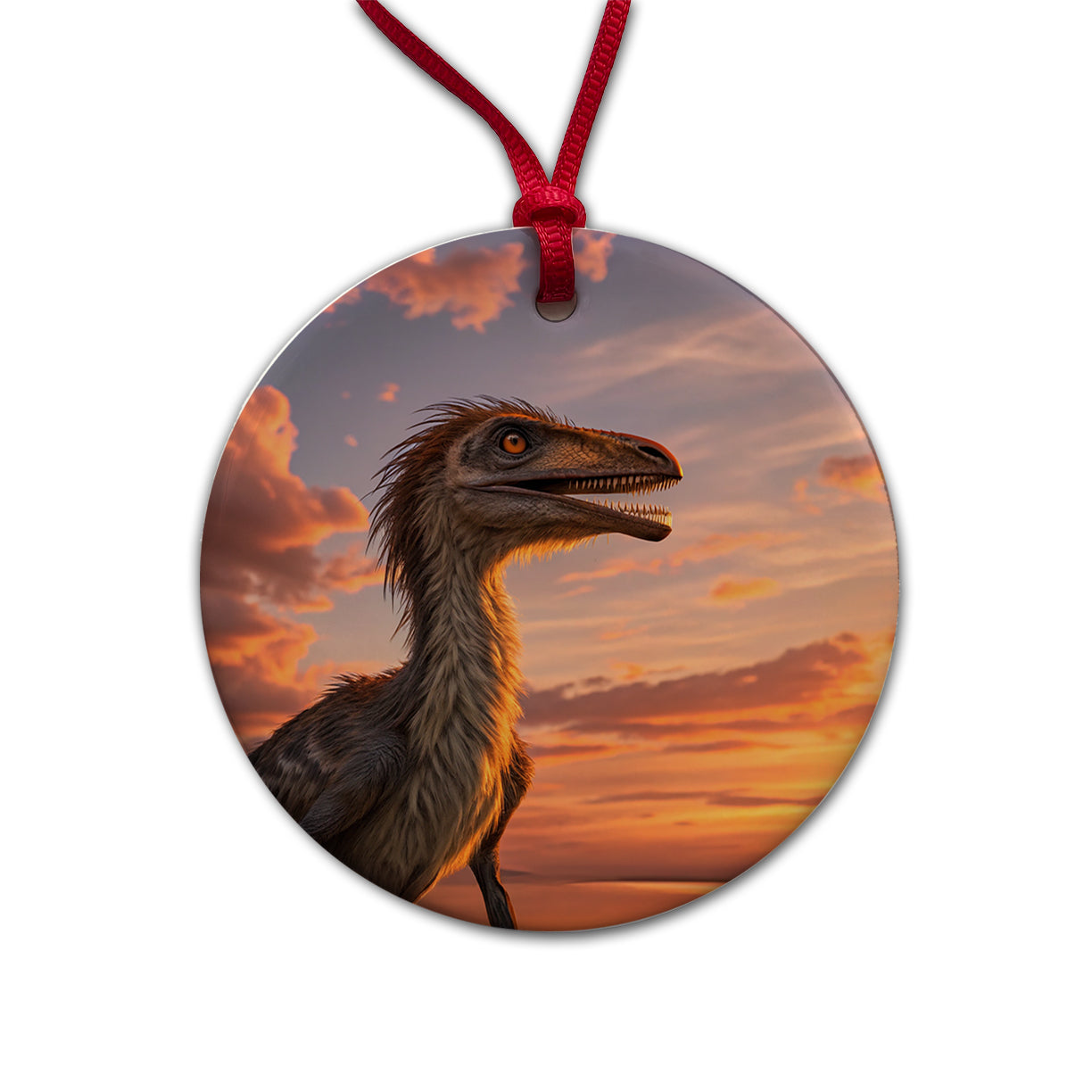 Troodon Sunset Dinosaur Round Ceramic Holiday Christmas Tree Ornament
