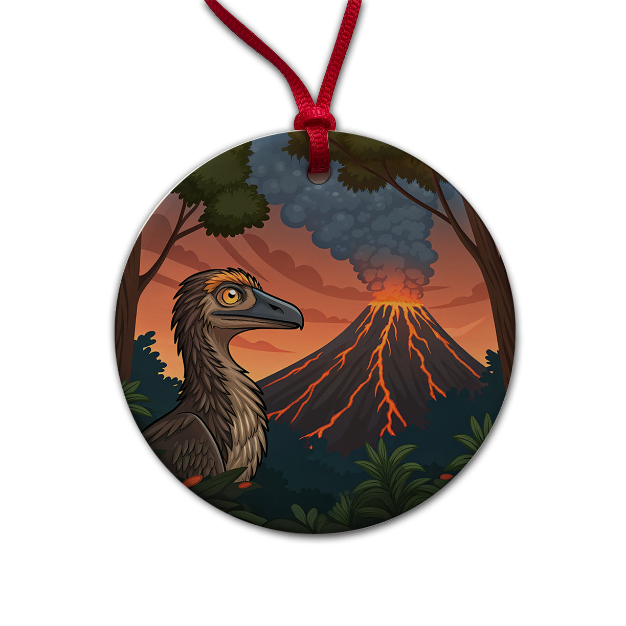 Troodon Volcano Dinosaur Round Ceramic Holiday Christmas Tree Ornament