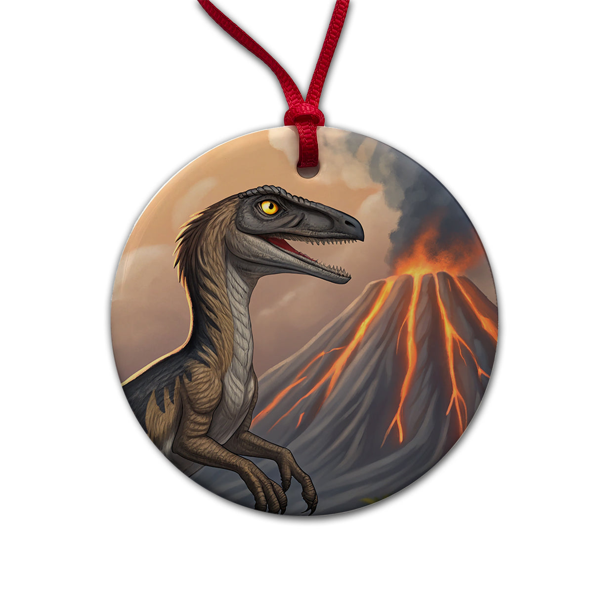 Troodon Volcano Erupting Dinosaur Round Ceramic Holiday Christmas Tree Ornament