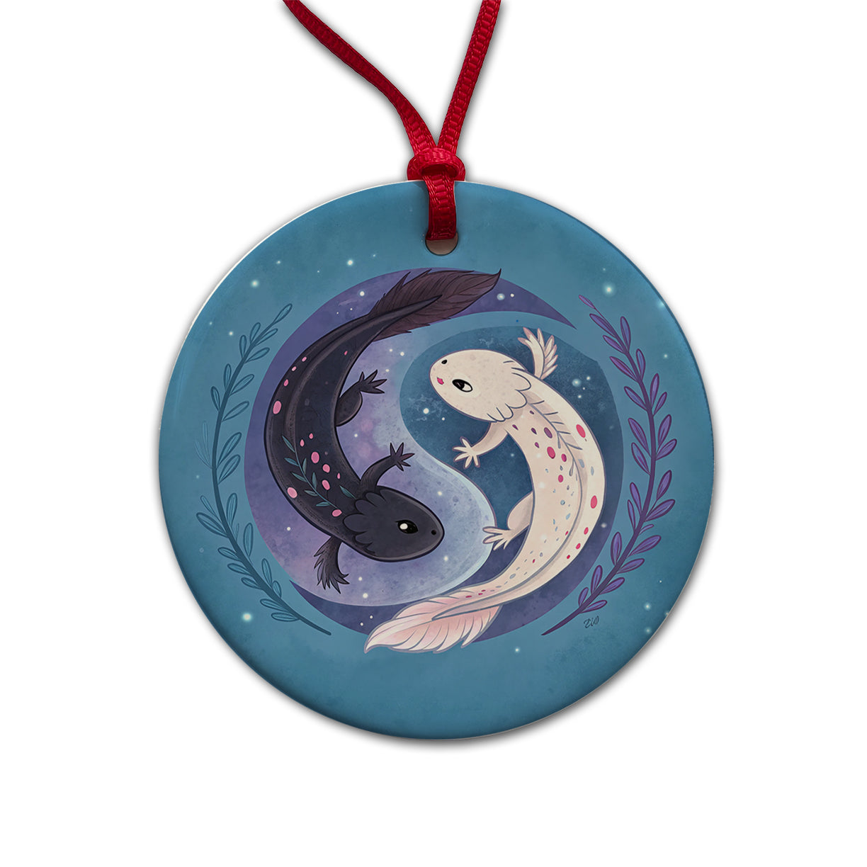 Two Axolotl Yin Yang Round Ceramic Holiday Christmas Tree Ornament