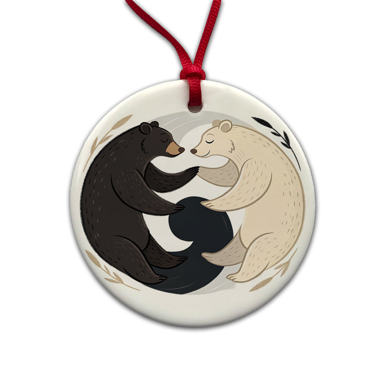 Two Bears Yin Yang Round Ceramic Holiday Christmas Tree Ornament