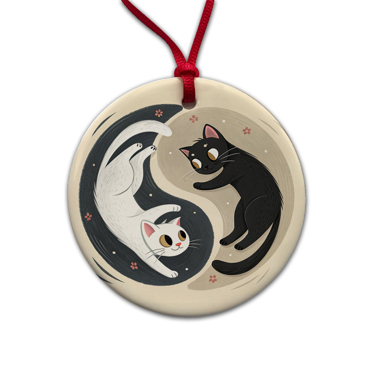 Two Cats Yin Yang Black White Round Ceramic Holiday Christmas Tree Ornament