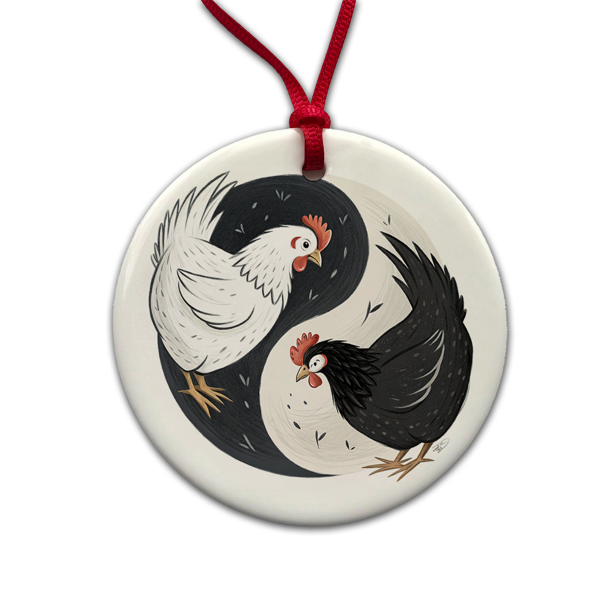 Two Chickens Yin Yang White Black Round Ceramic Holiday Christmas Tree Ornament