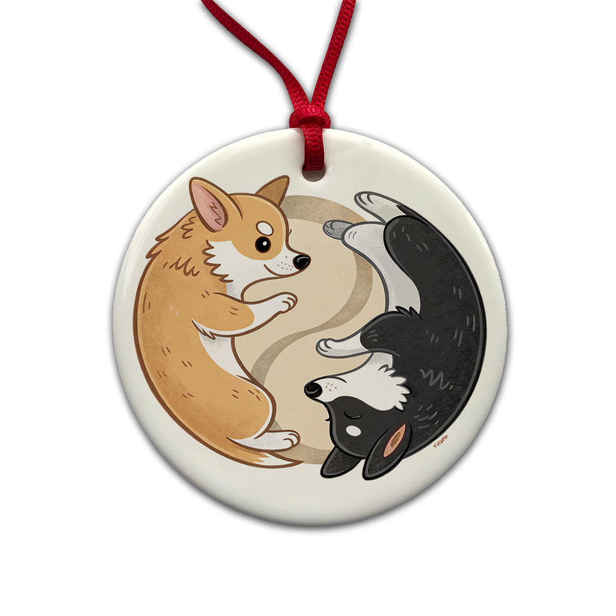 Two Corgis Yin Yang Dogs Cute Round Ceramic Holiday Christmas Tree Ornament