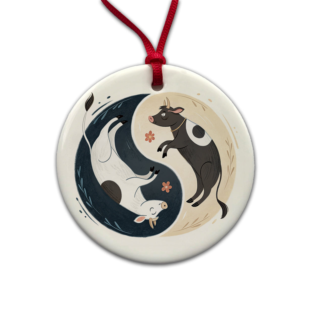 Two Cows Yin Yang Illustration Round Ceramic Holiday Christmas Tree Ornament
