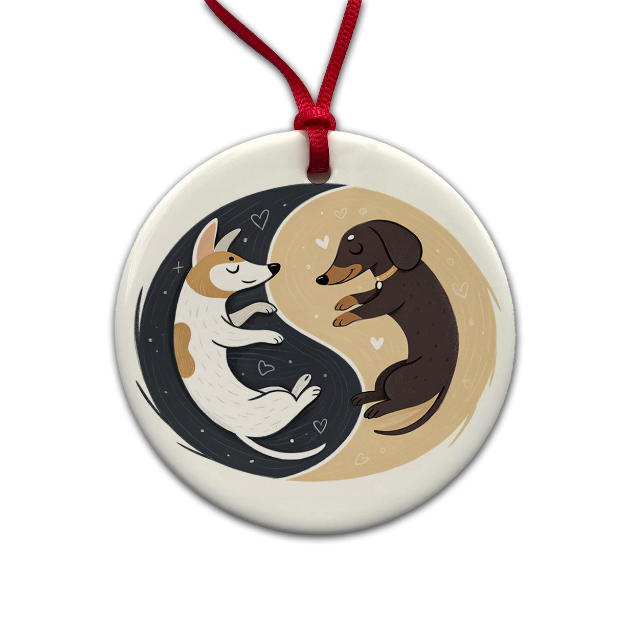 Two Dogs Yin Yang Illustration Round Ceramic Holiday Christmas Tree Ornament