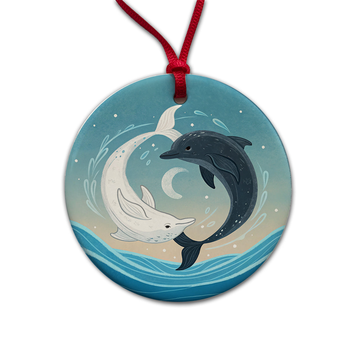 Two Dolphins Yin Yang Dark Light Round Ceramic Holiday Christmas Tree Ornament