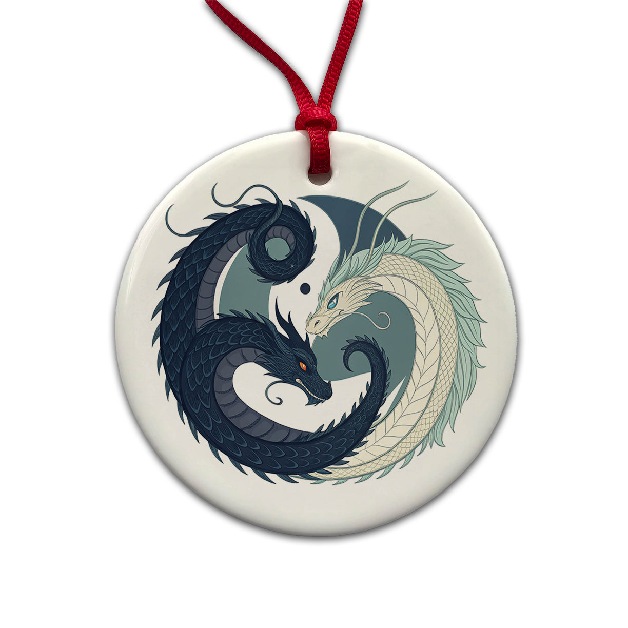 Two Dragons Yin Yang Round Ceramic Holiday Christmas Tree Ornament