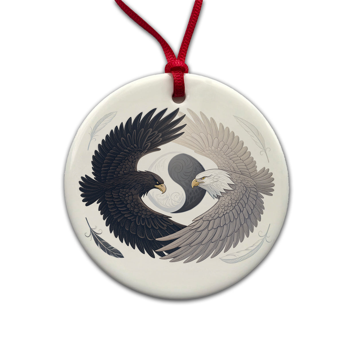 Two Eagles Yin Yang Dark Light Round Ceramic Holiday Christmas Tree Ornament