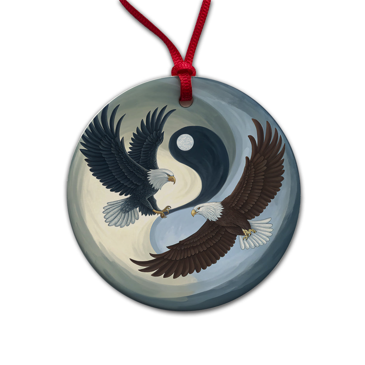 Two Eagles Yin Yang Round Ceramic Holiday Christmas Tree Ornament