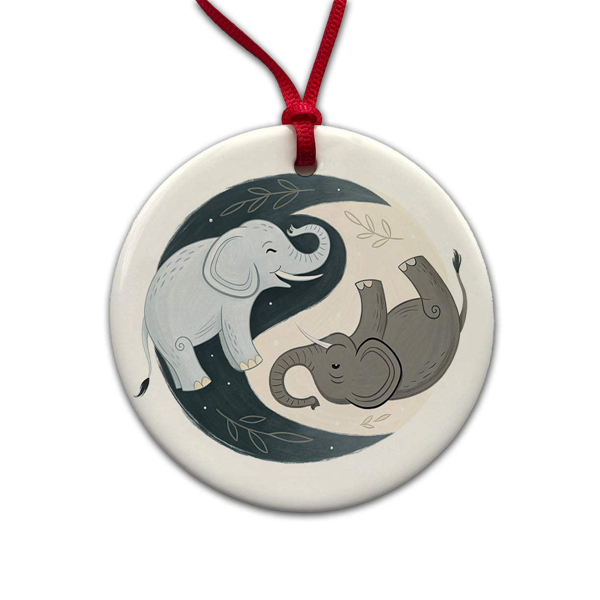 Two Elephants Yin Yang Round Ceramic Holiday Christmas Tree Ornament