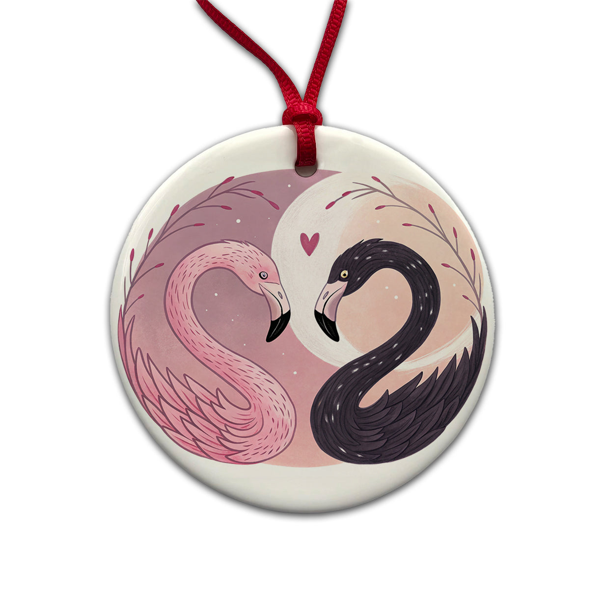 Two Flamingos Yin Yang Pink Black Round Ceramic Holiday Christmas Tree Ornament