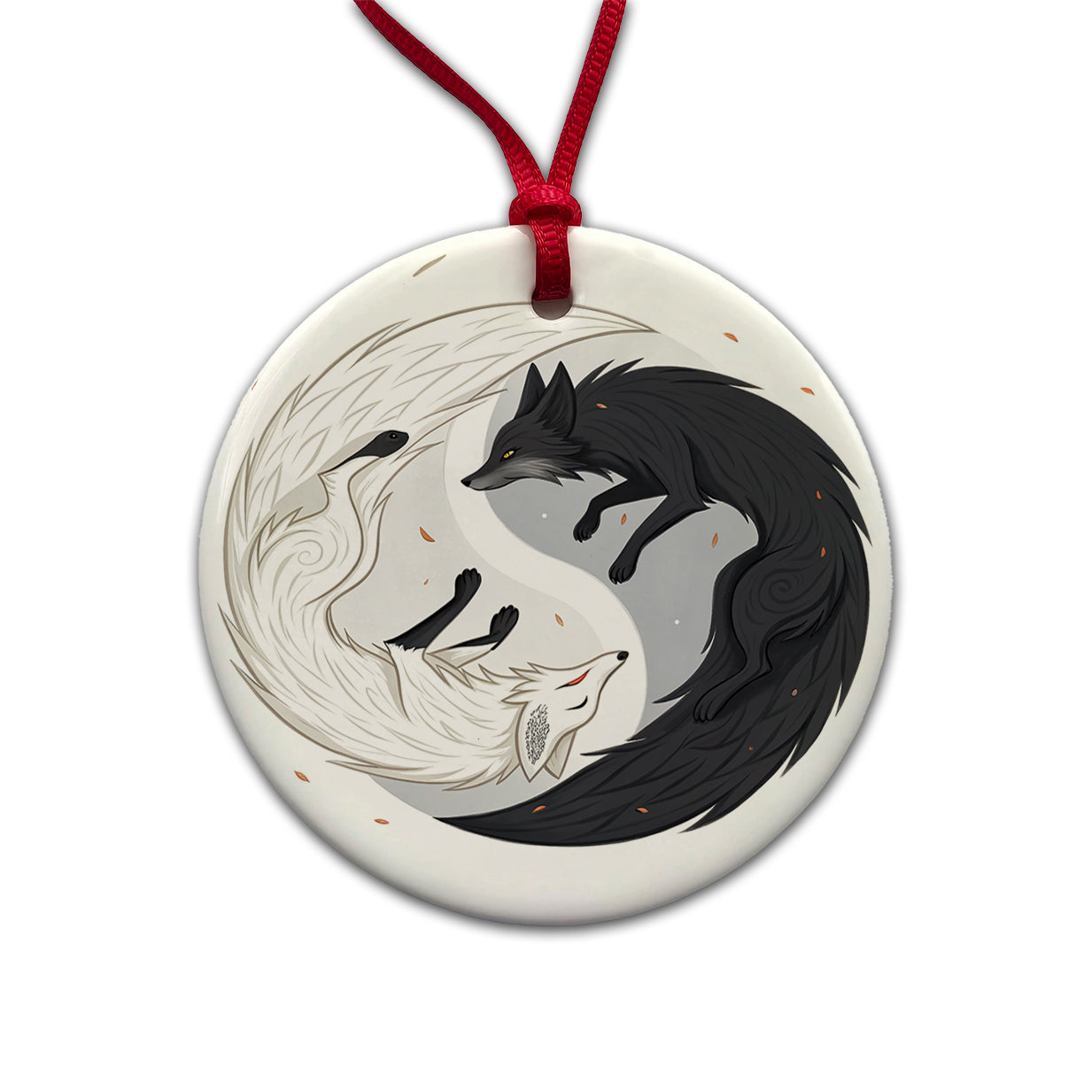 Two Foxes Yin Yang Black White Round Ceramic Holiday Christmas Tree Ornament