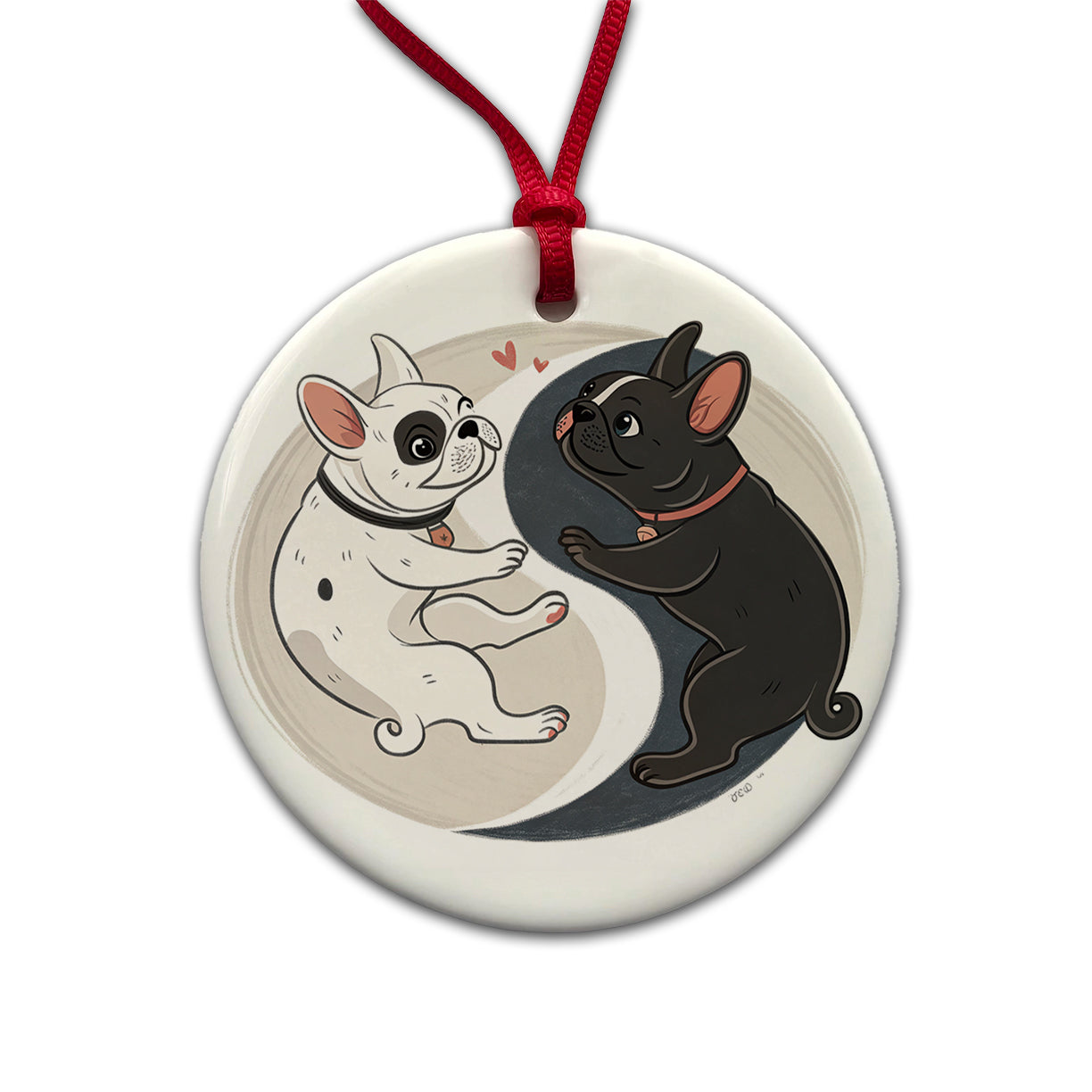 Two French Bulldogs Yin Yang Dark Light Round Ceramic Holiday Christmas Tree Ornament