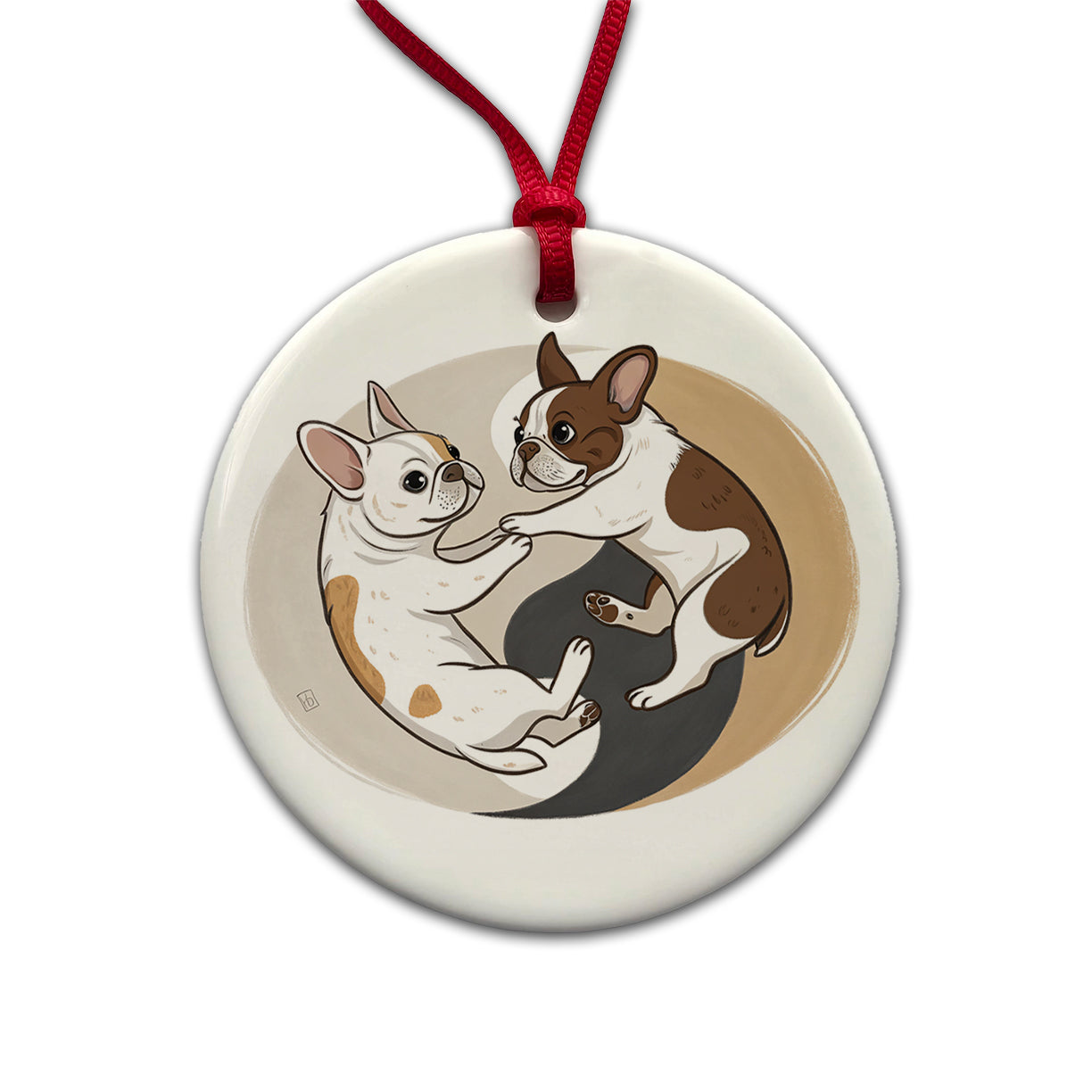 Two French Bulldogs Yin Yang Round Ceramic Holiday Christmas Tree Ornament