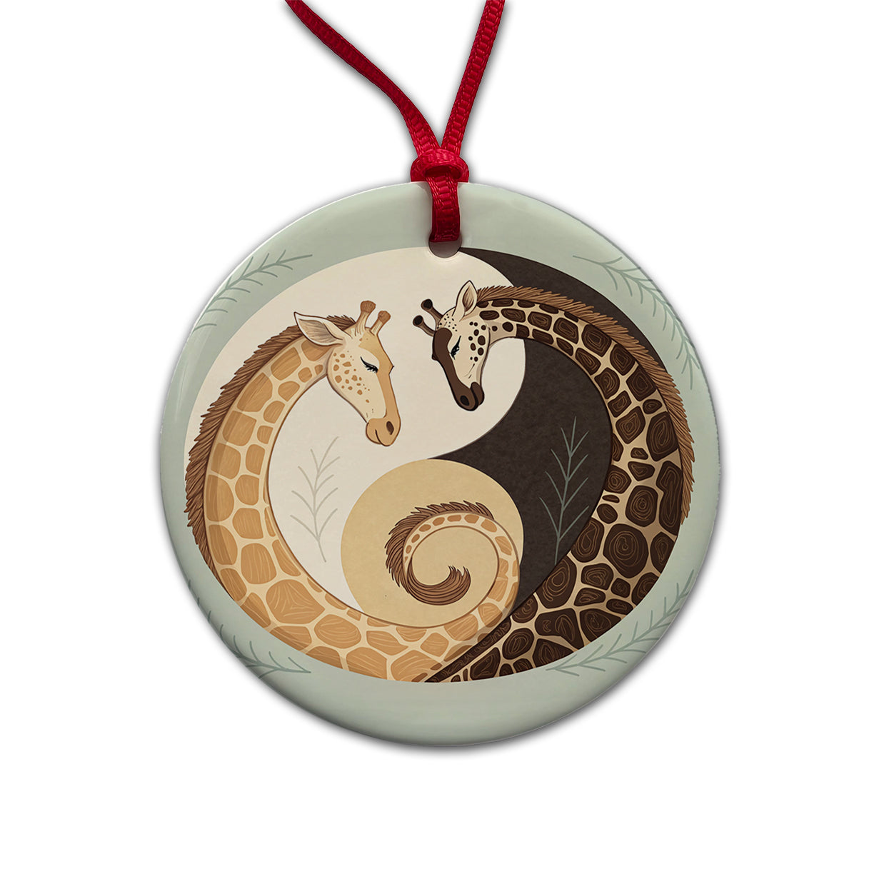 Two Giraffes Yin Yang Round Ceramic Holiday Christmas Tree Ornament