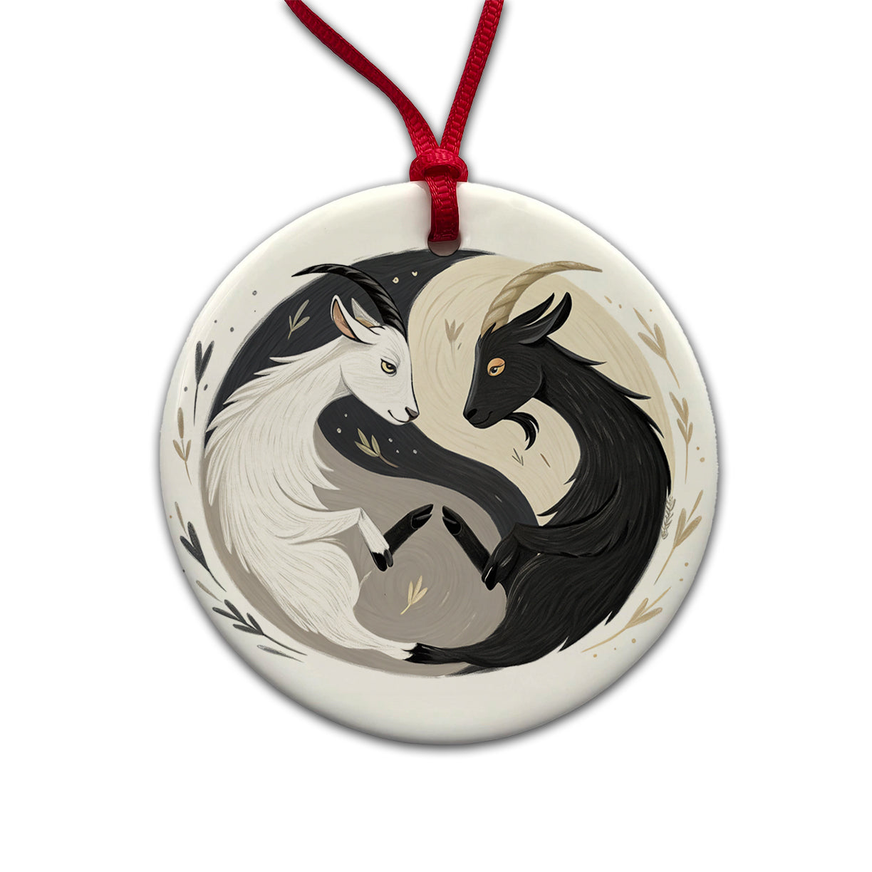 Two Goats Yin Yang White Black Round Ceramic Holiday Christmas Tree Ornament