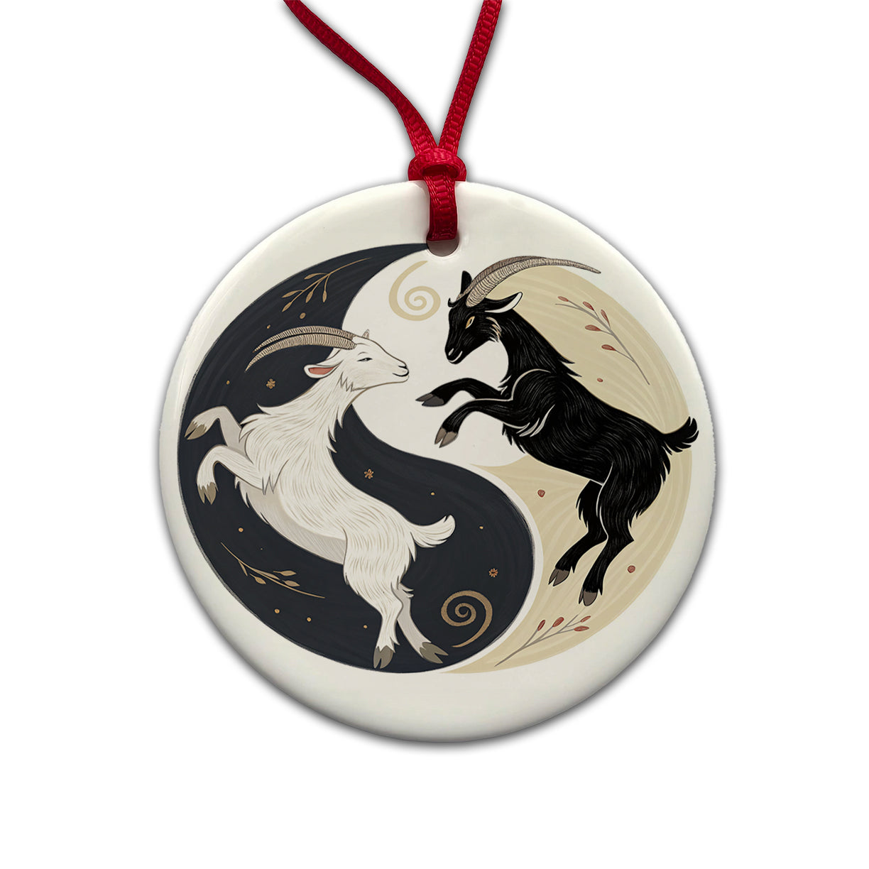 Two Goats Yin Yang Round Ceramic Holiday Christmas Tree Ornament