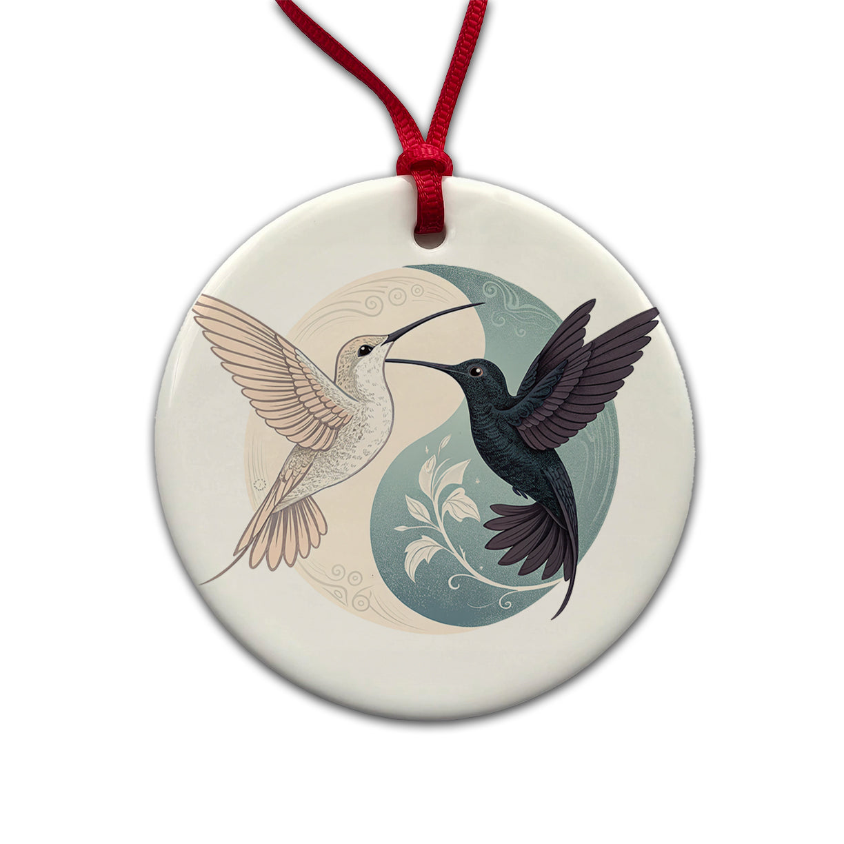Two Hummingbirds Yin Yang Round Ceramic Holiday Christmas Tree Ornament
