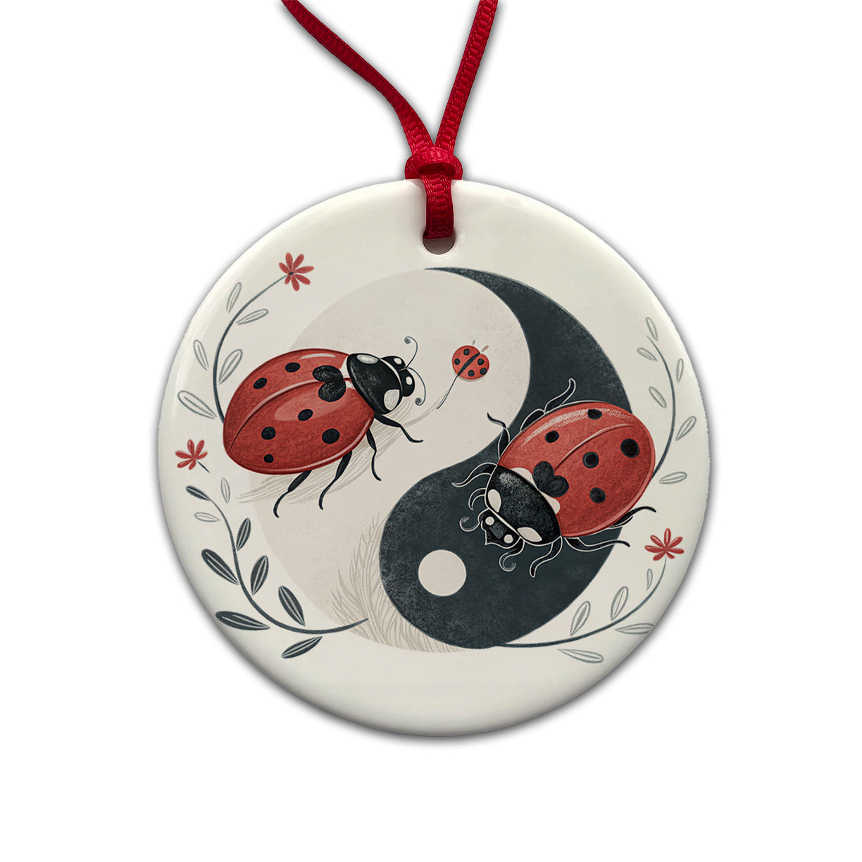 Two Ladybugs Yin Yang Cute Round Ceramic Holiday Christmas Tree Ornament