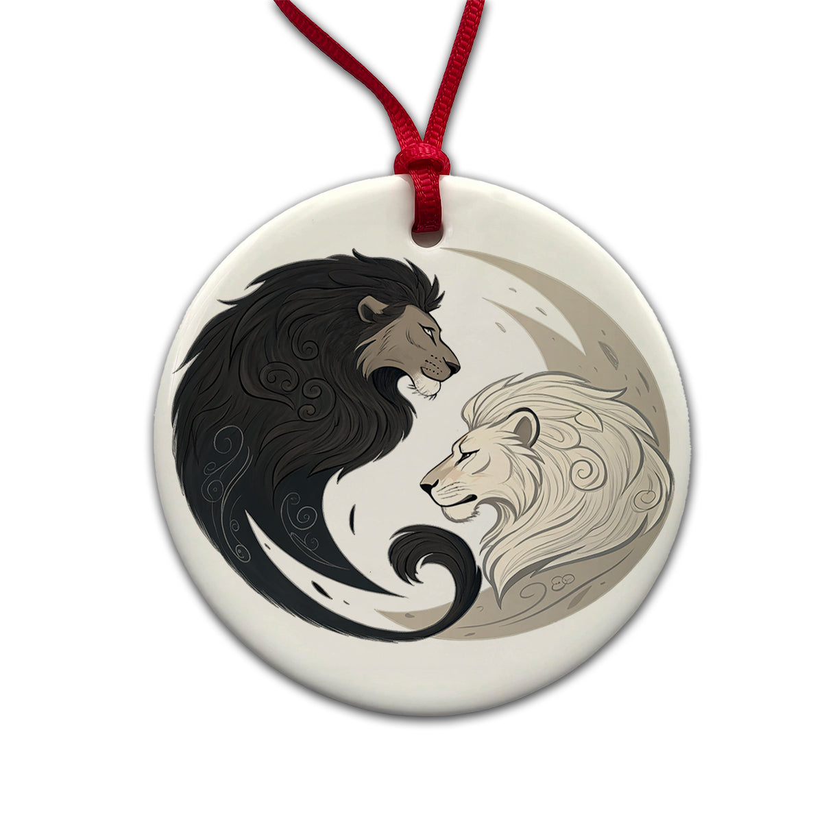 Two Lions Yin Yang Round Ceramic Holiday Christmas Tree Ornament