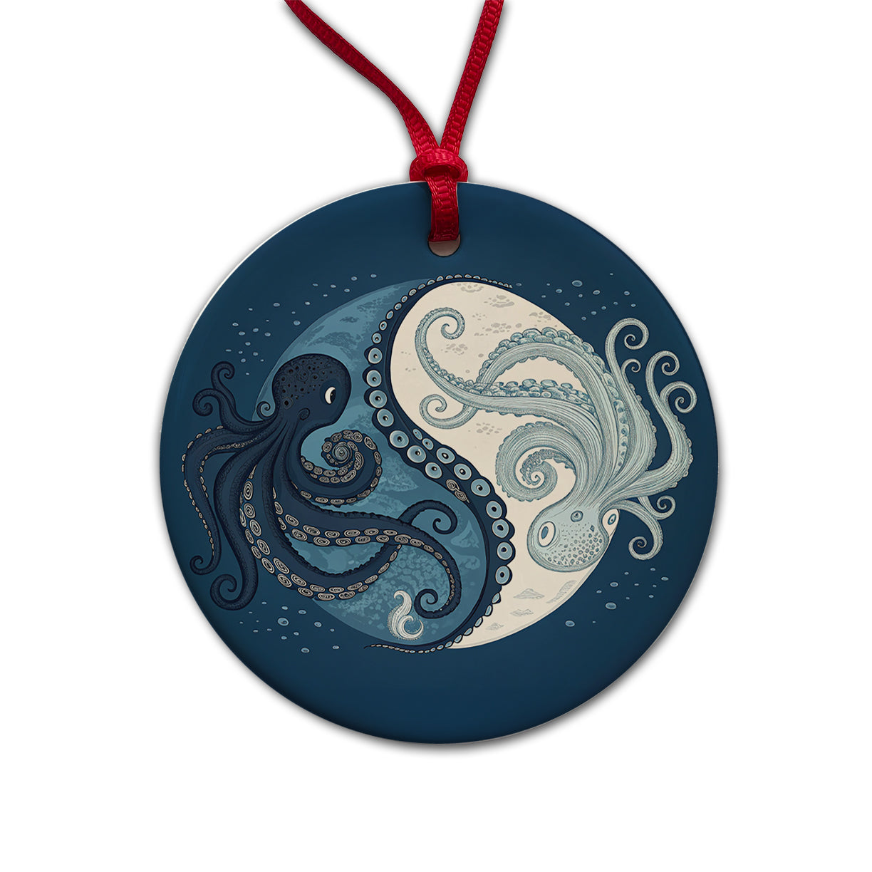 Two Octopus Yin Yang Blues Round Ceramic Holiday Christmas Tree Ornament