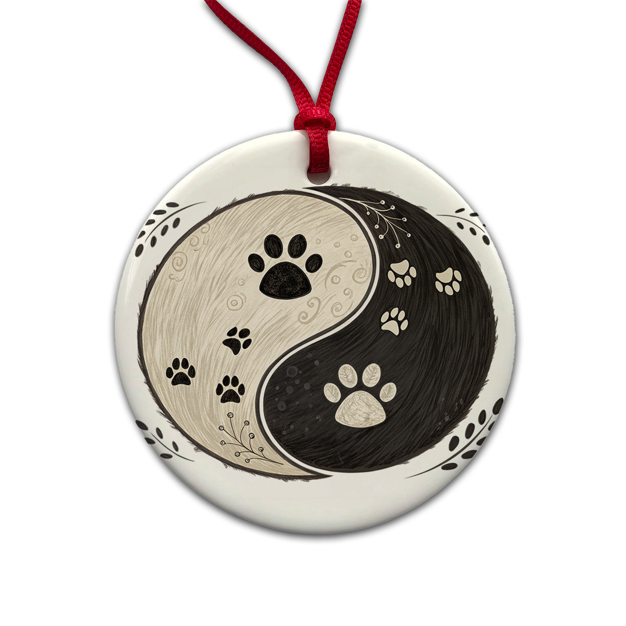 Two Paw Prints Yin Yang Dark Light Round Ceramic Holiday Christmas Tree Ornament