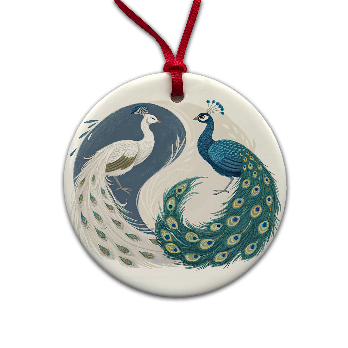 Two Peacocks Yin Yang Round Ceramic Holiday Christmas Tree Ornament